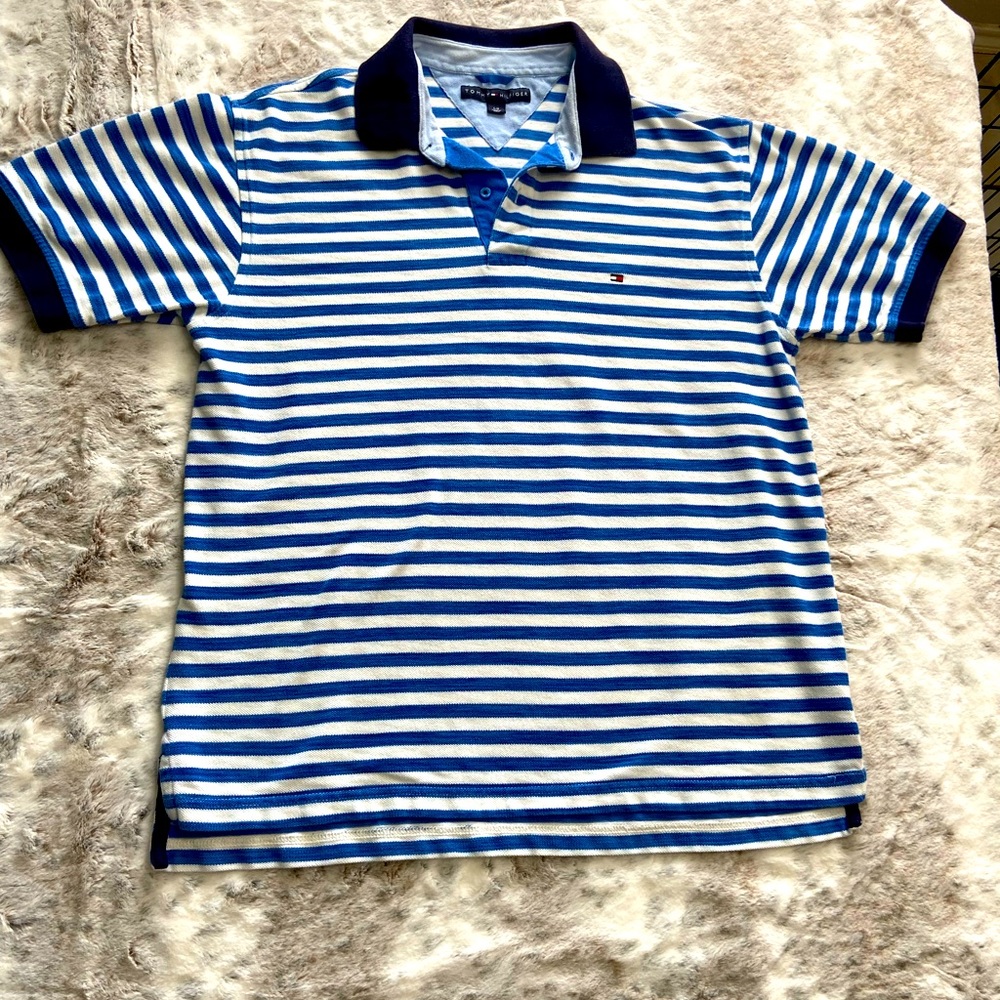 Retro Vintage Tommy Hilfiger Blue and White striped polo shirt